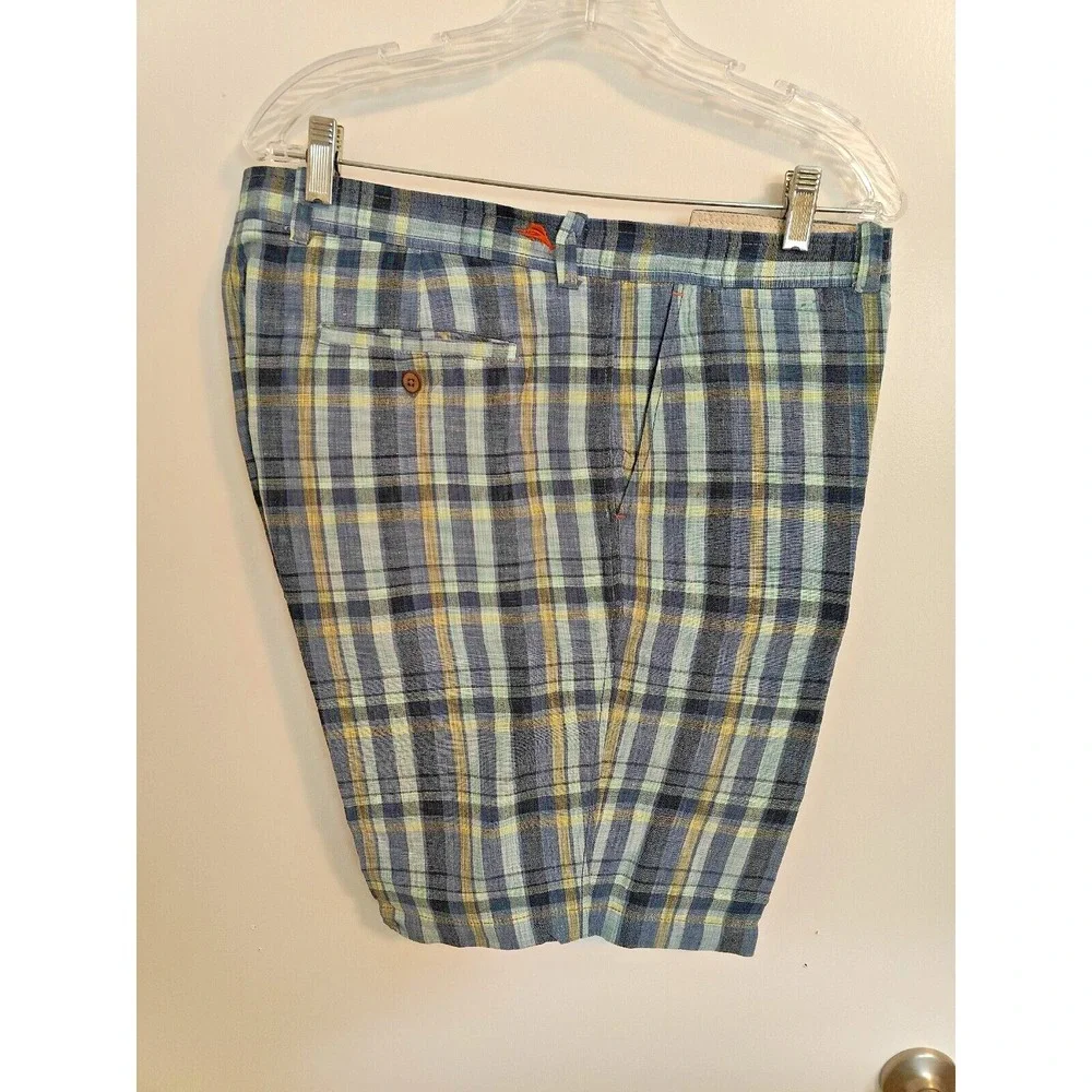 TOMMY BAHAMA Plaid Blue Linen Blend Shorts Mens Size 38 Paradise Nation